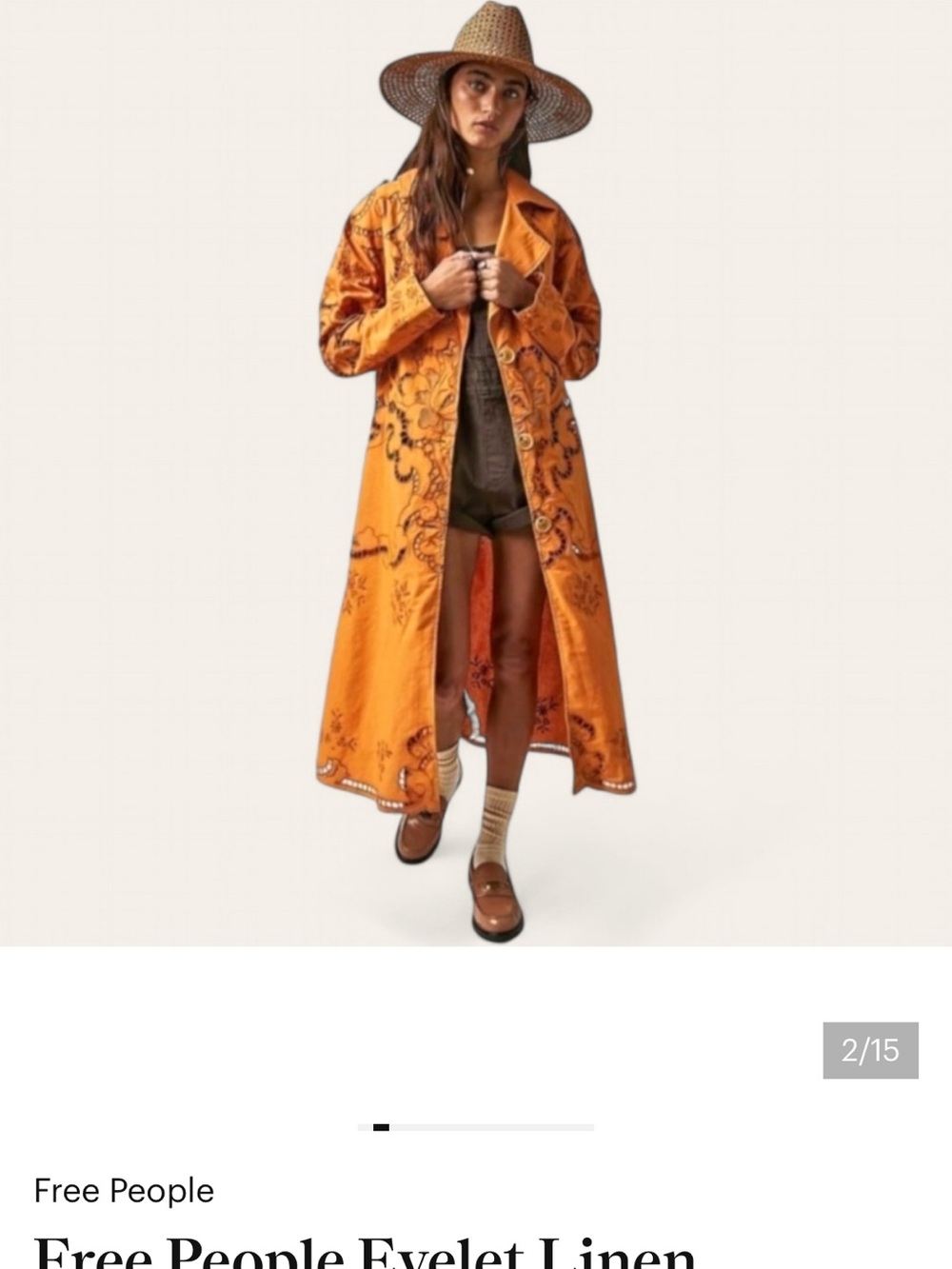 Free People Suzanna Autumn marigold eyelet Cotton Duster size Med - Picture 2 of 13